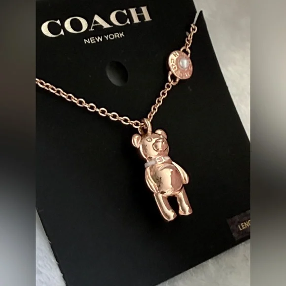 Coach 3D Teddy Bear Charm Necklace in Rose Gold and Gold - Picture 3 of 8
